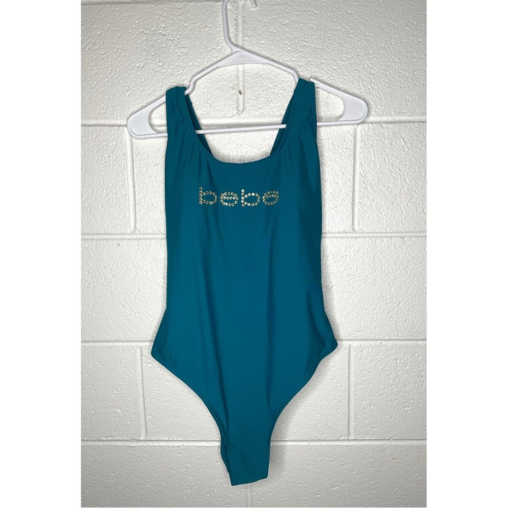 < Bebe Rhinestone Logo Teal One Piece Swimsuit > - Picture 1 of 6